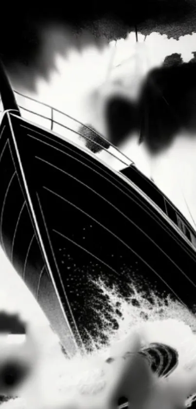 Monochrome boat artwork with dramatic water effects.