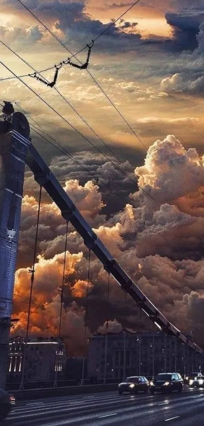 Bridge and dramatic clouds in golden sunset wallpaper.