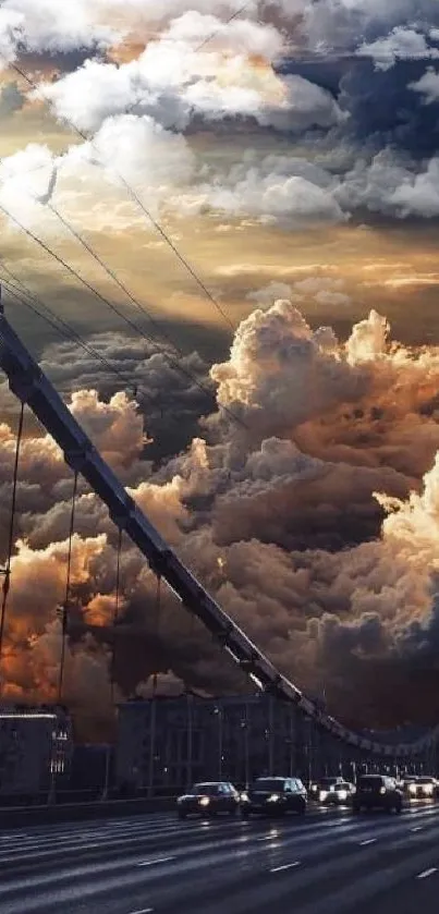 Dramatic sunset sky over a bustling bridge.