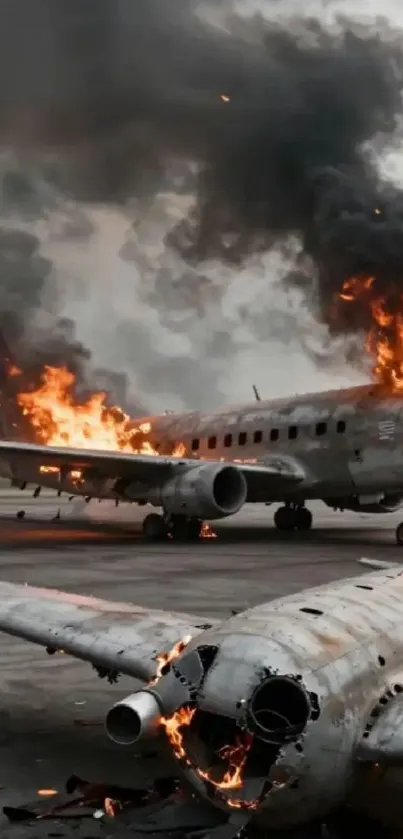 Aircraft engulfed in flames with dark smoke.