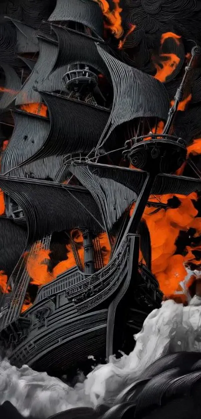 A dramatic depiction of a burning ship in stormy seas with fiery background.