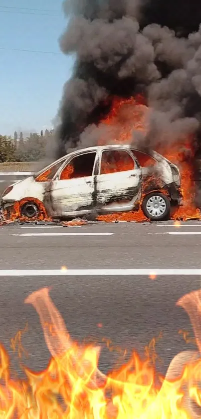 Car engulfed in flames with smoke rising on a highway.