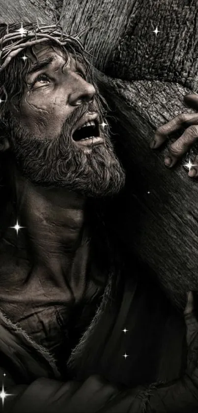 Dramatic depiction of a man carrying a cross, showcasing deep emotion and strength.