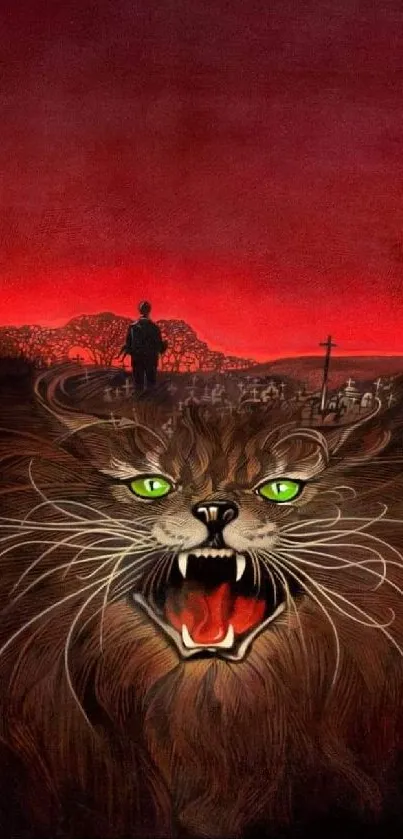 Dramatic cat with glowing eyes under a vivid red sky.