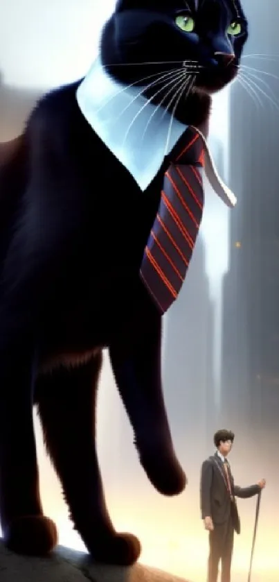 Giant black cat with tie in a city with a businessman.