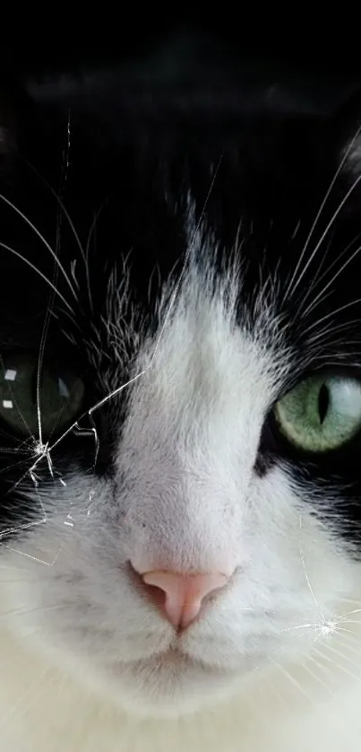 Close-up of a black and white cat with green eyes.