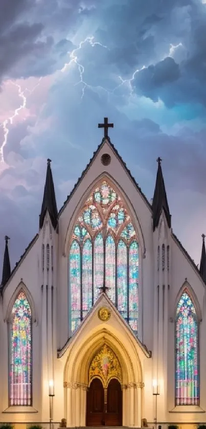 Gothic cathedral with lightning in the sky.