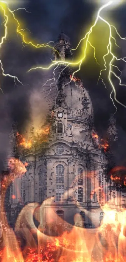 Gothic cathedral struck by lightning, surrounded by fire and smoke.