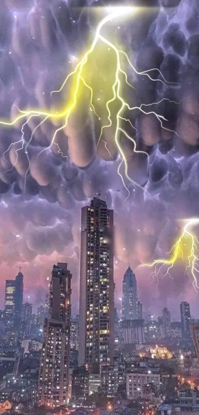 Lightning illuminates cityscape under dramatic clouds.