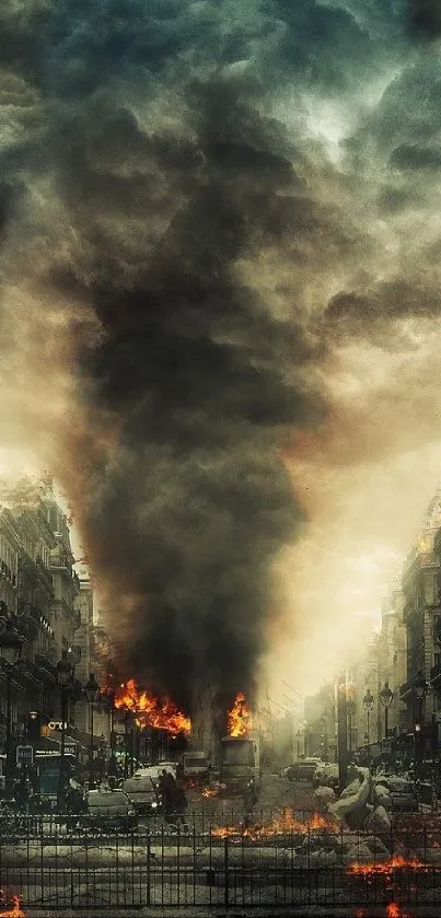 City street engulfed in flames with smoky skies in dramatic wallpaper.
