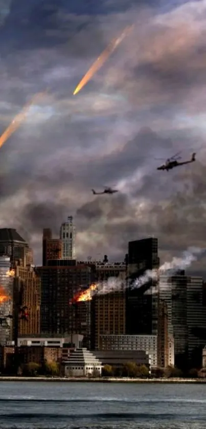 Apocalyptic cityscape with meteors and burning buildings, dramatic atmosphere.