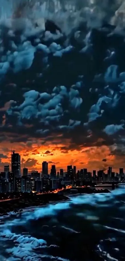 Dramatic cityscape at dusk with stormy clouds and vibrant sunset.