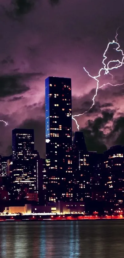 Dramatic lightning storm over city skyline at night.