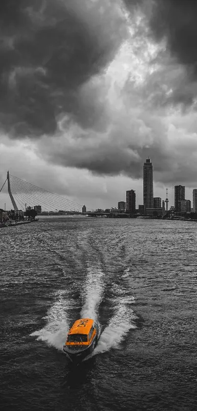 Black and white cityscape with a vibrant orange boat under dramatic clouds.