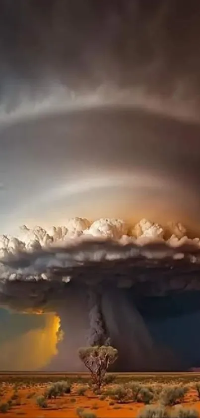 Towering cloud formation over a desert landscape with dramatic sky.