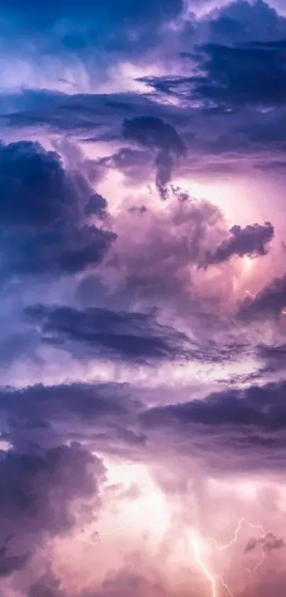 Dramatic purple clouds with bright lightning in a striking mobile wallpaper.