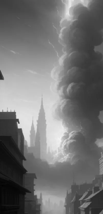 Grayscale gothic cityscape with dramatic towering clouds.