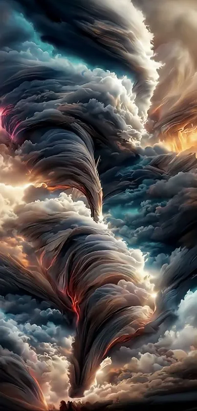 Mobile wallpaper featuring dramatic swirling cloud formations in blue and orange hues.