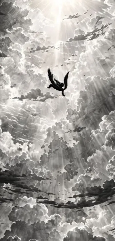 Dramatic cloud scene with bird silhouette in monochrome.