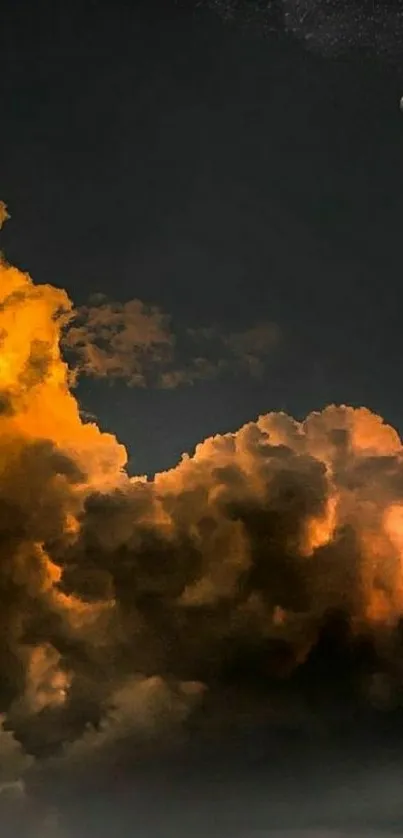 Dramatic night sky with illuminated clouds and visible moon.