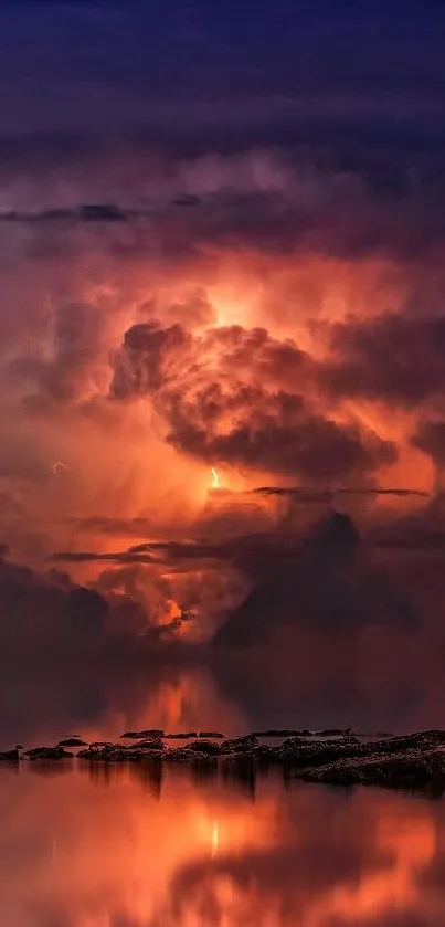 Fiery lightning storm illuminating dark clouds over a calm lake at night.