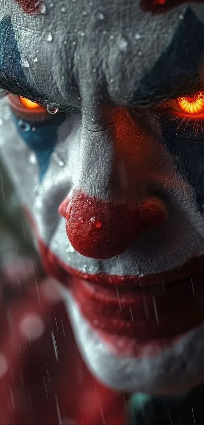Close-up of a dramatic clown face with glowing eyes.