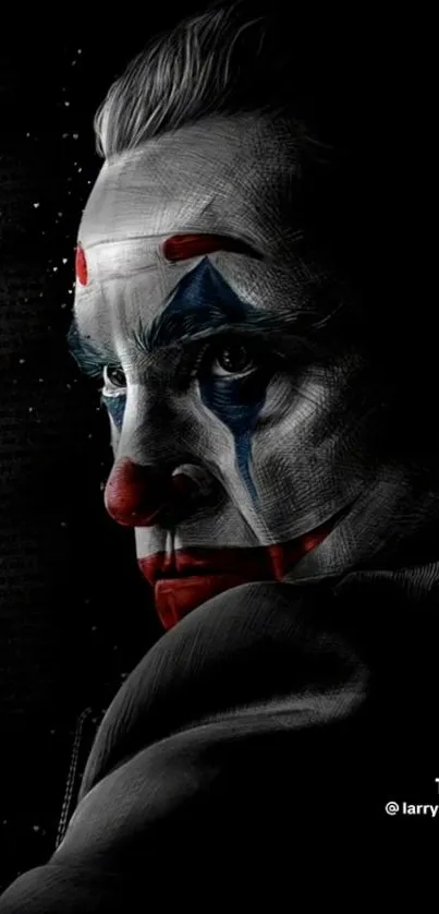 Dramatic clown face with red and blue paint on dark background wallpaper.