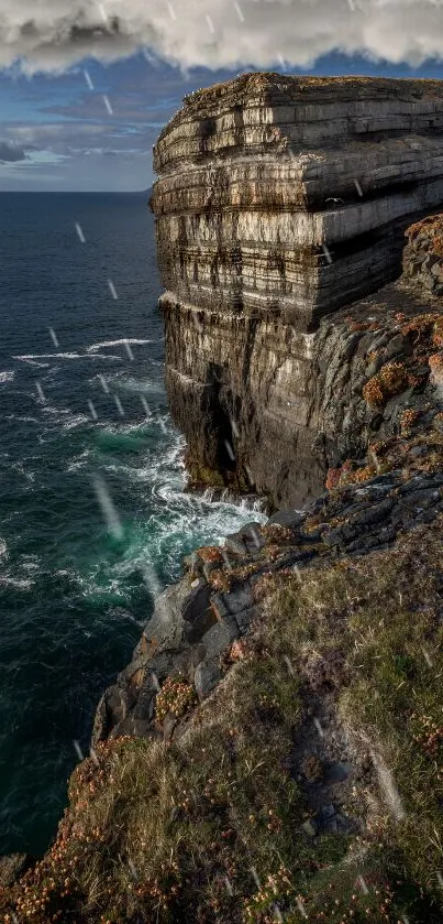 Dramatic coastal cliff with ocean waves and vibrant textures.