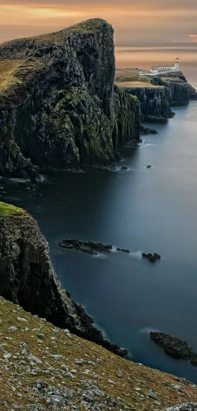 Majestic coastal cliffs with lighthouse view.