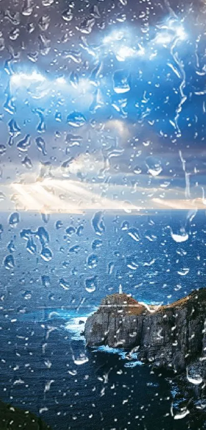 Dramatic coastal lighthouse with stormy skies and sunlight rays.