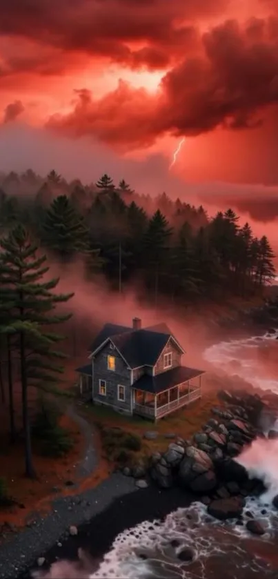 Lonely house by a stormy sea under a fiery sky.