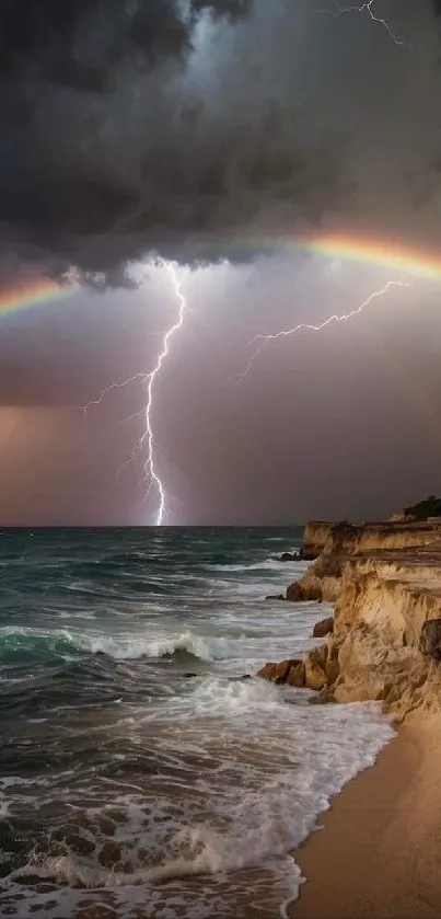 Dramatic ocean scene with a storm, lightning, and rainbow over the coast.