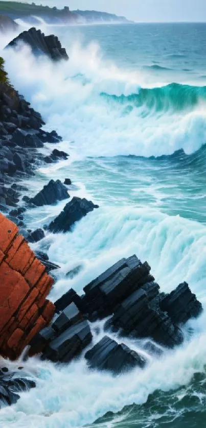 Dramatic ocean waves crashing against rocky coastline in vibrant blue hues.