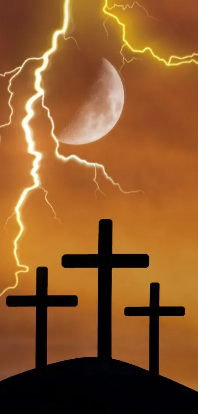 Three crosses silhouetted against lightning and moonlit orange sky.