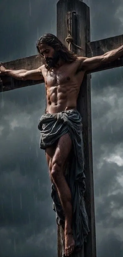 Dramatic image of a figure on a cross against a dark, stormy sky.