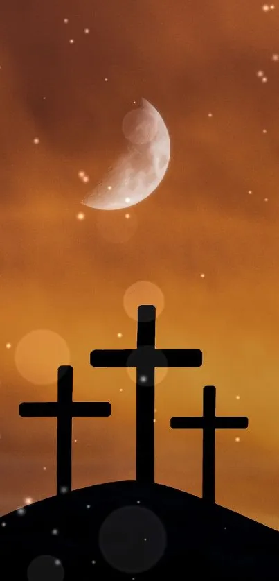 Three silhouetted crosses with crescent moon against orange sky.