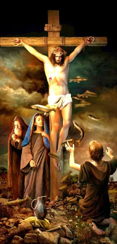 Crucifixion scene art mobile wallpaper with dramatic dark colors and religious symbolism.