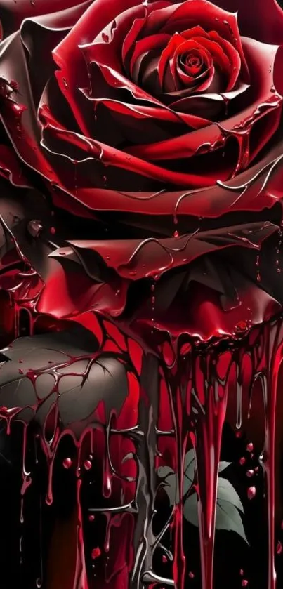 Dramatic rose with dripping red petals in dark art style.