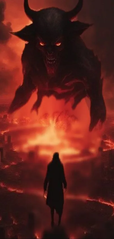 Demon hovering over a fiery landscape with a lone figure below.