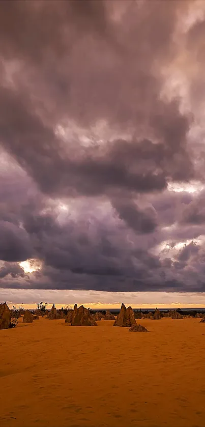 Majestic desert landscape with dramatic storm clouds overhead.