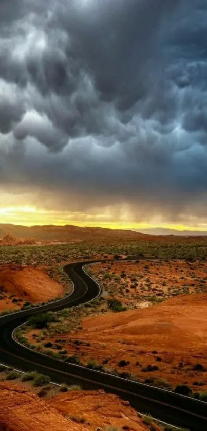 Winding road through orange desert with dramatic stormy skies.