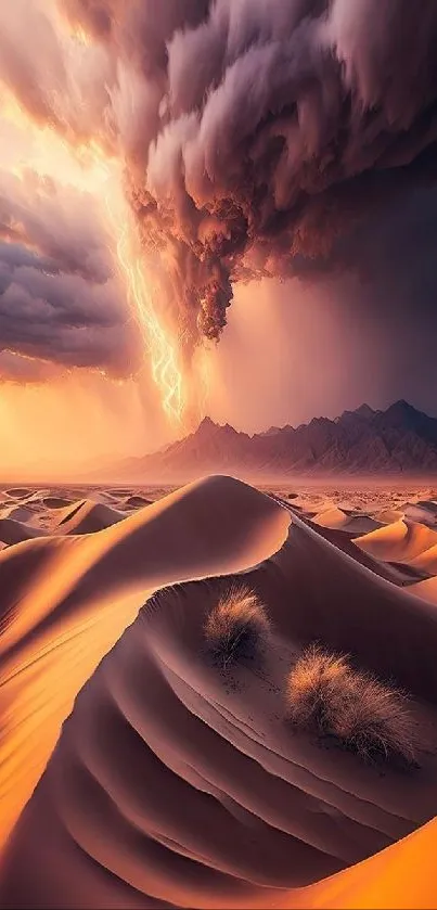 Dramatic desert storm with lightning illuminating dunes.