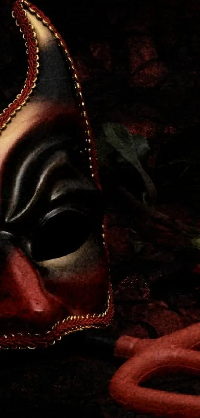 Devil mask and rose in dark, gothic wallpaper.