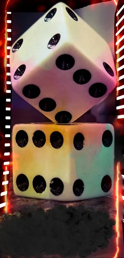 Dice engulfed in flames with a dark backdrop for a mobile wallpaper.