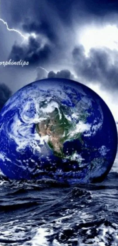 Earth floating on stormy ocean background.