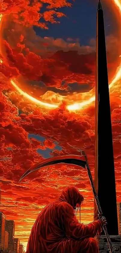 Red eclipse with dramatic sky and buildings.