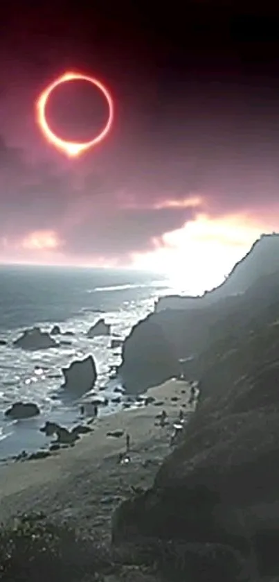 Eclipse over a beach with cliffs and a purple sky, serene and mystical.