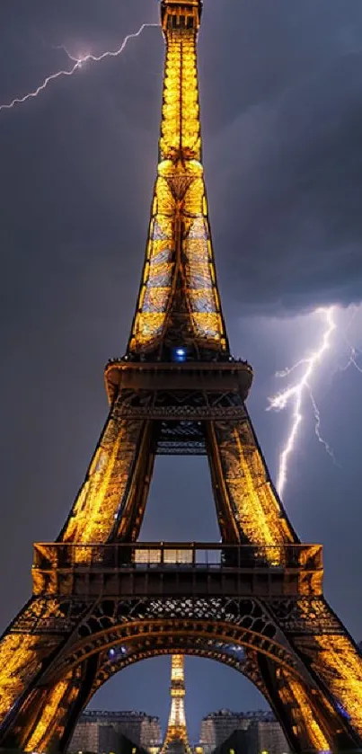 Eiffel Tower with lightning in stormy Paris night scene.