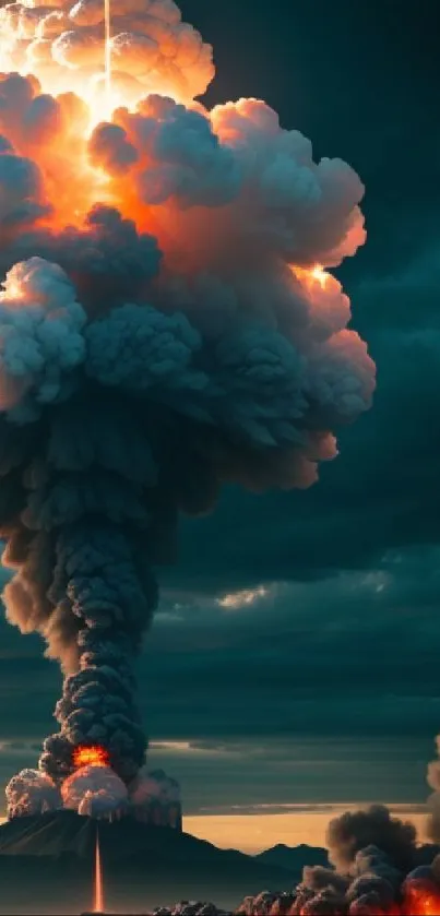 Volcanic eruption with fiery clouds in a dramatic dark sky, stunning mobile wallpaper.