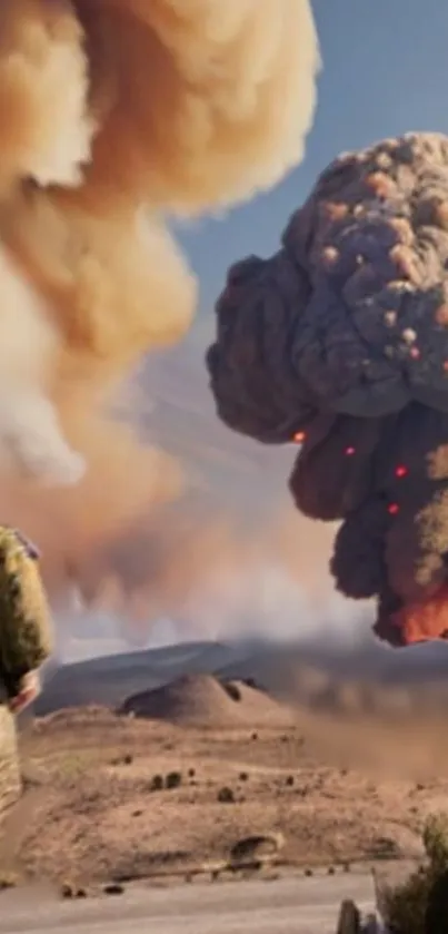 Dramatic explosion scene with soldier in a desert landscape, rich in brown tones.